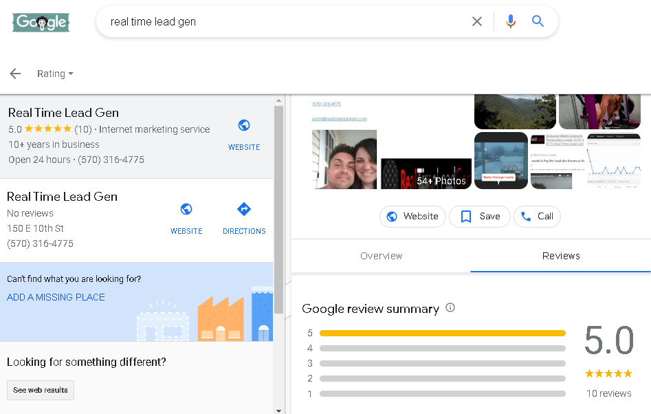 real time lead gen reviews on our google business profile