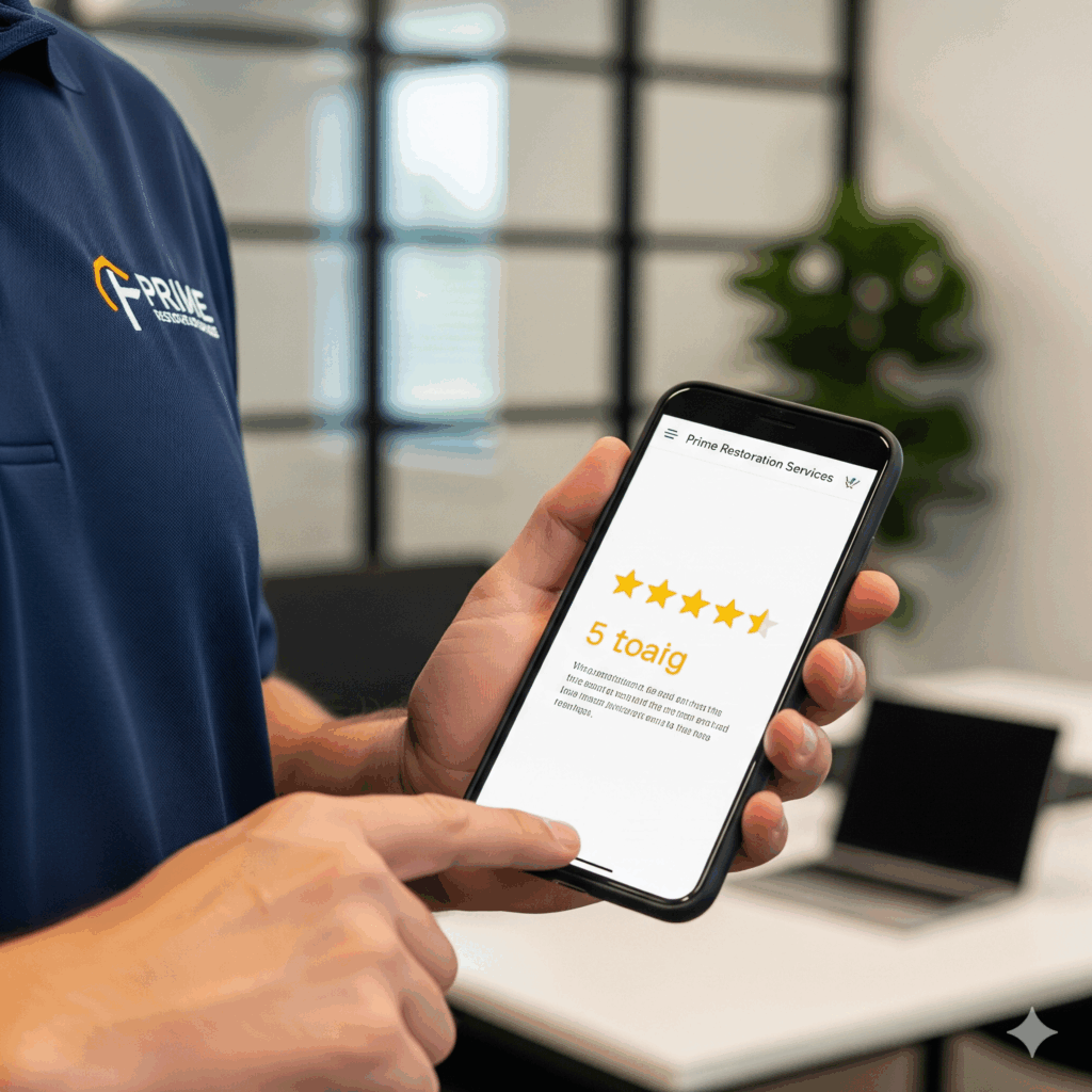 A restoration contractor's phone showing a 5-star Google review, a key part of their local SEO strategy.